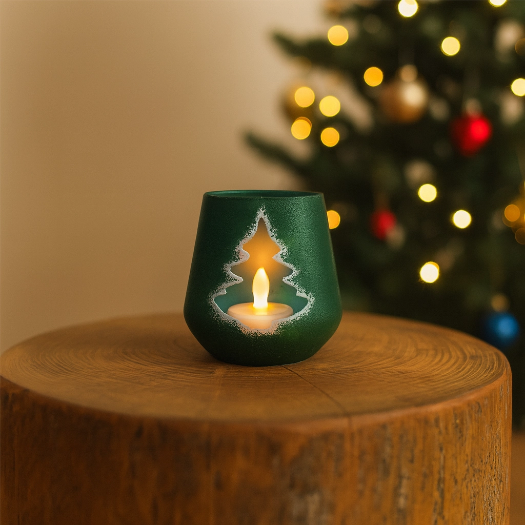 Yeşil Çam Ağacı Desenli Yılbaşı Temalı Dekoratif Mumluk