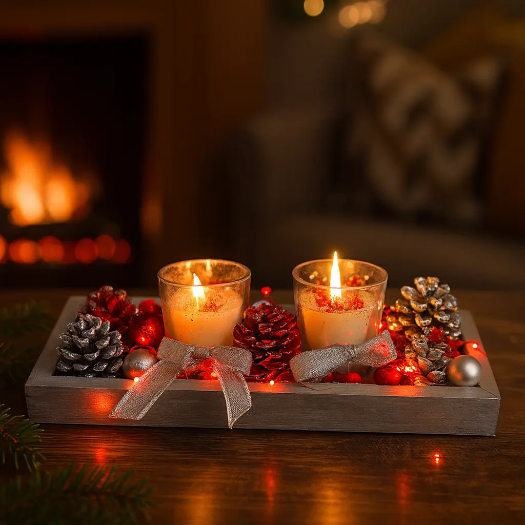 Kış Temalı Masa Üstü Mumluk ve Kozalak Dekoru