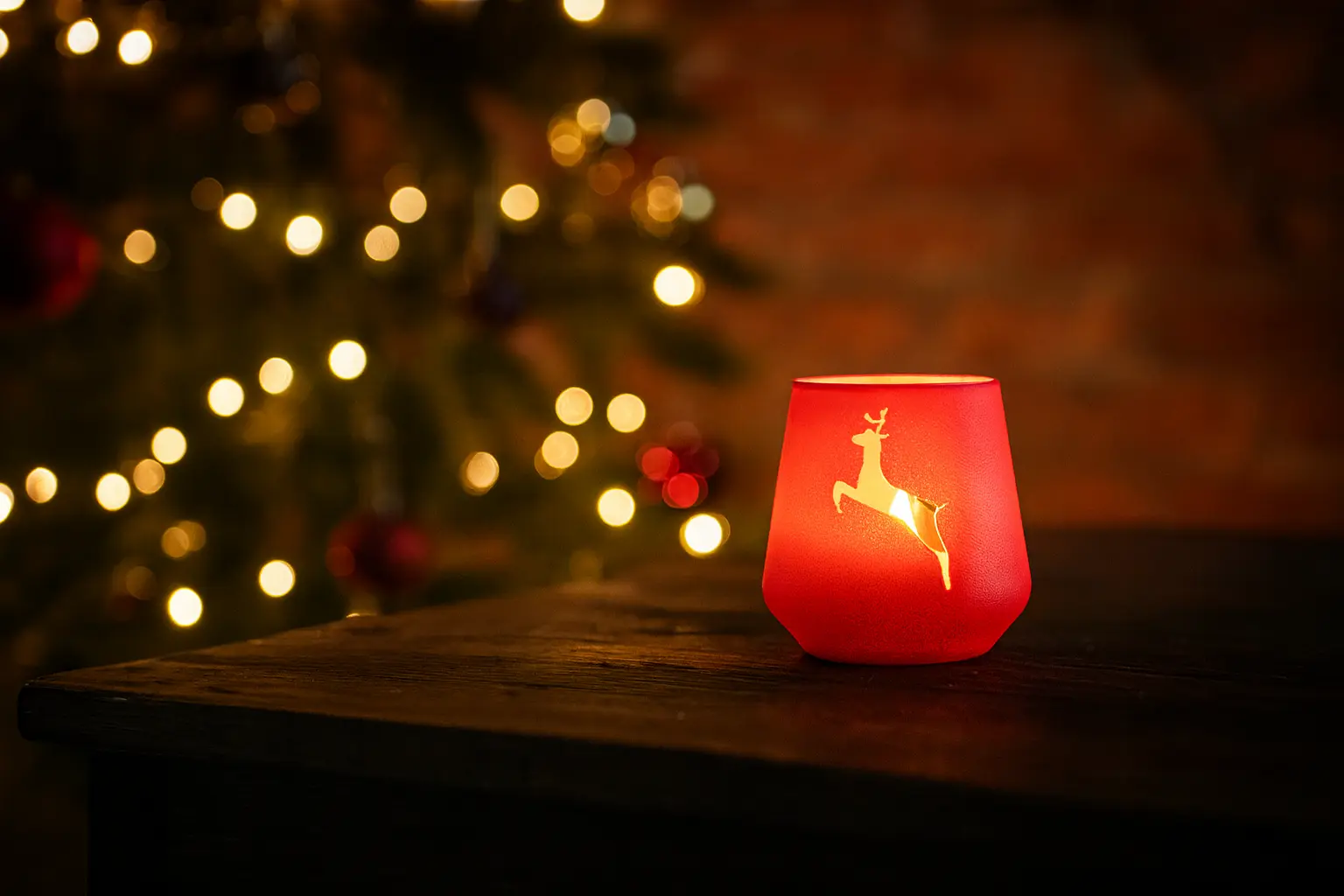 Kırmızı Geyik Desenli Yılbaşı Temalı Dekoratif Mumluk