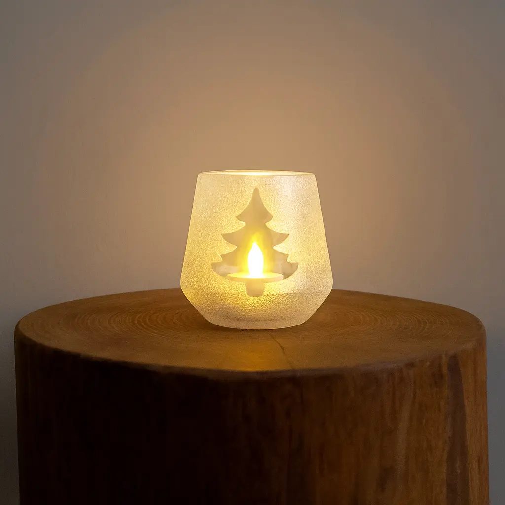 Beyaz Yılbaşı Temalı Çam Ağacı Desenli Dekoratif Mumluk