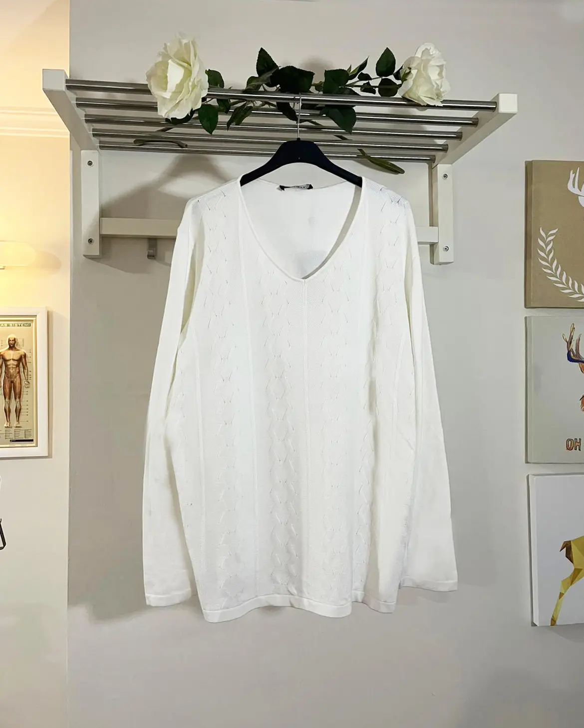 V Yaka Uzun Kollu Ekru Triko Kazak