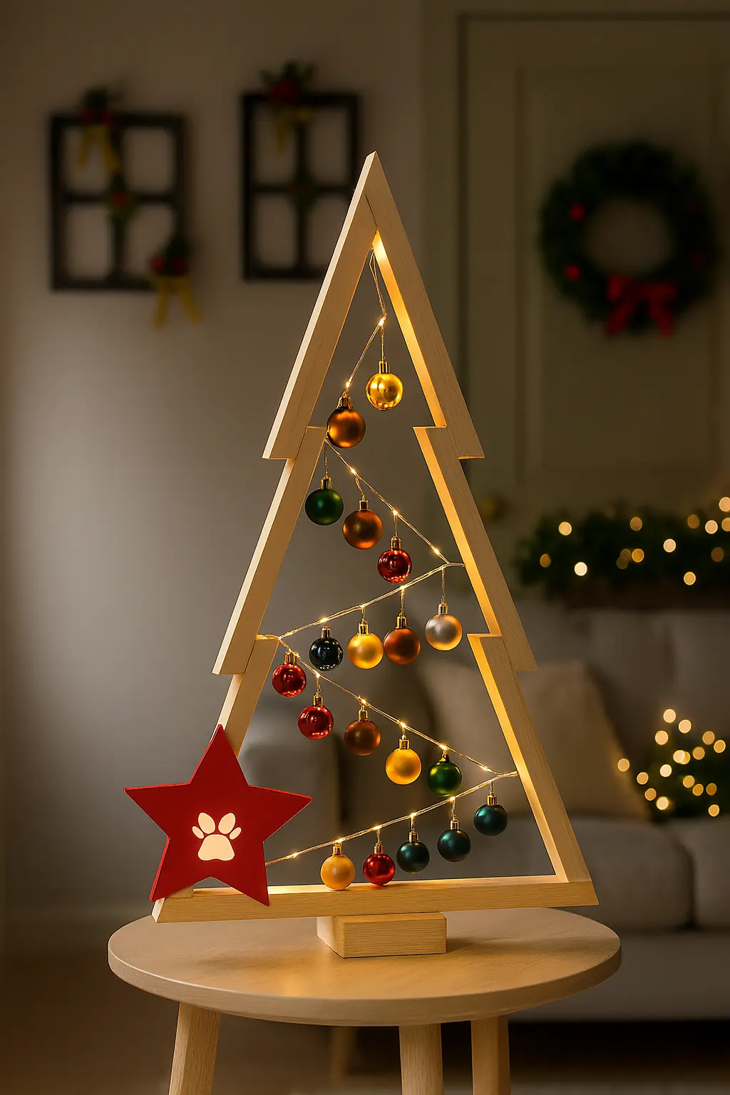 Ahşap Işıklı Minimal Yılbaşı Ağacı
