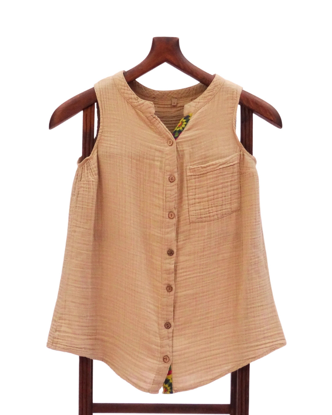 Bej Müslin Kolsuz Düğmeli Bluz