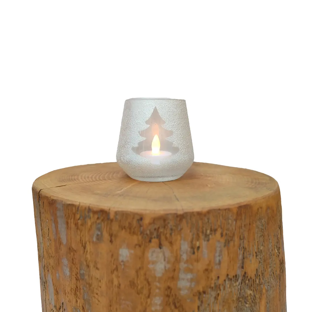 Beyaz Yılbaşı Temalı Çam Ağacı Desenli Dekoratif Mumluk