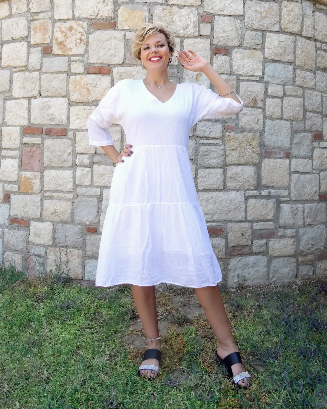 V Yaka Pamuk Beyaz Yazlık Elbise