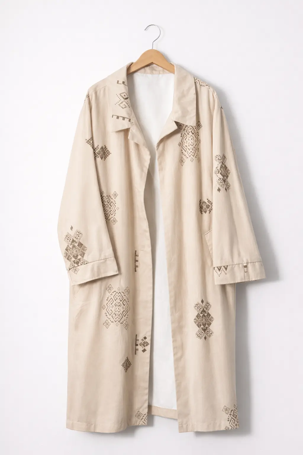 Etnik Desenli Bej Keten Oversize Kimono Ceket