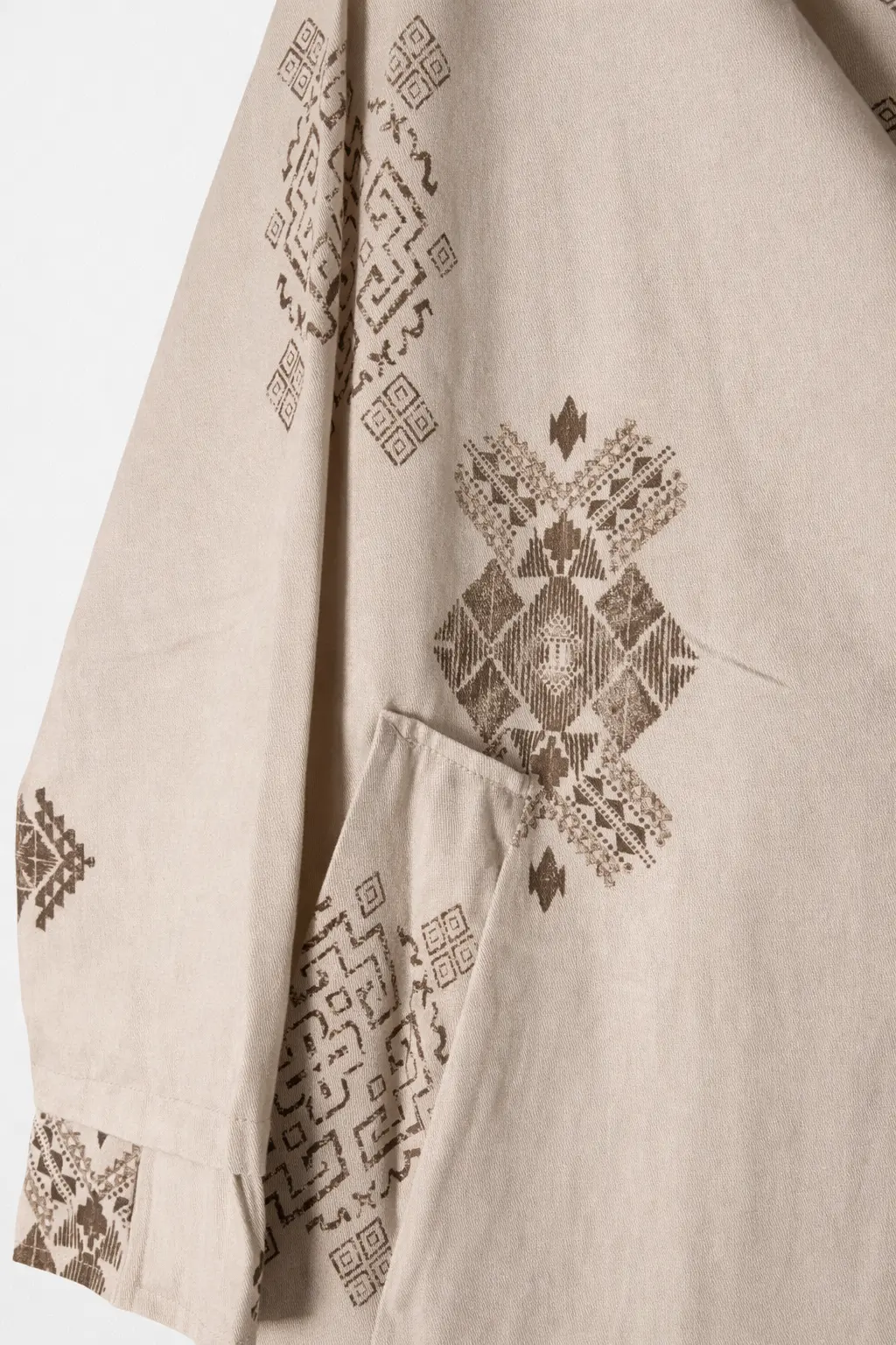 Etnik Desenli Bej Keten Oversize Kimono Ceket