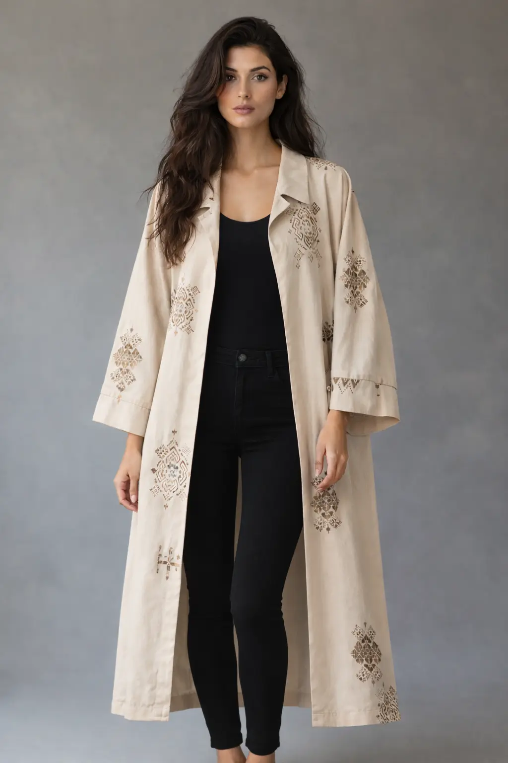 Etnik Desenli Bej Keten Oversize Kimono Ceket