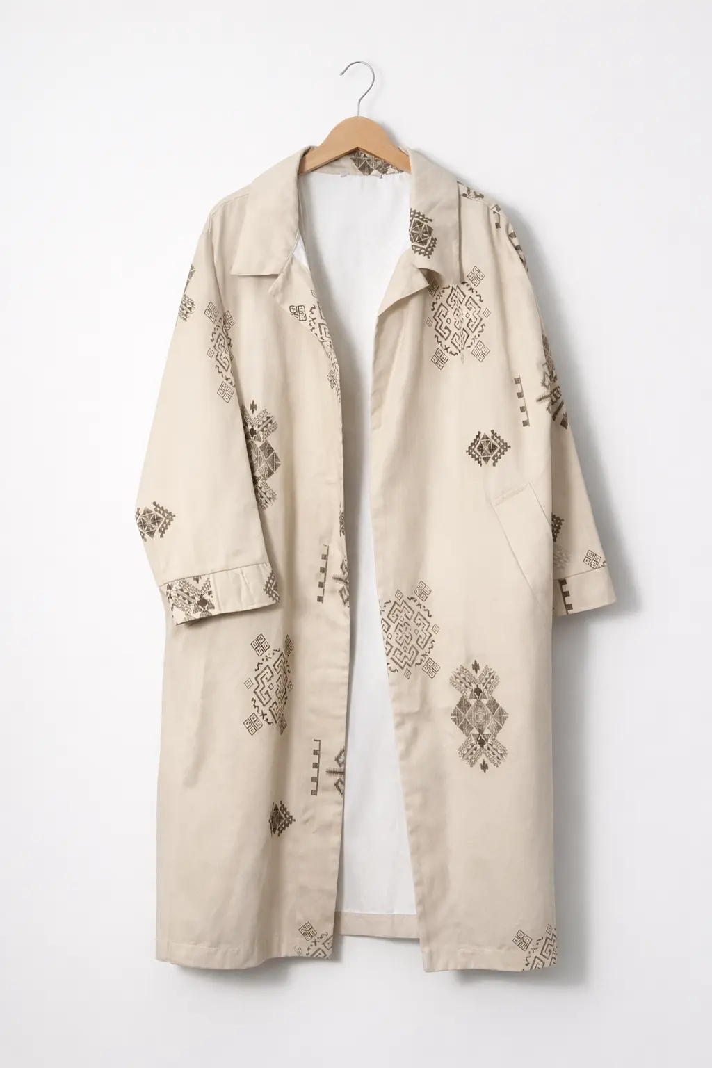 Etnik Desenli Bej Keten Oversize Kimono Ceket 