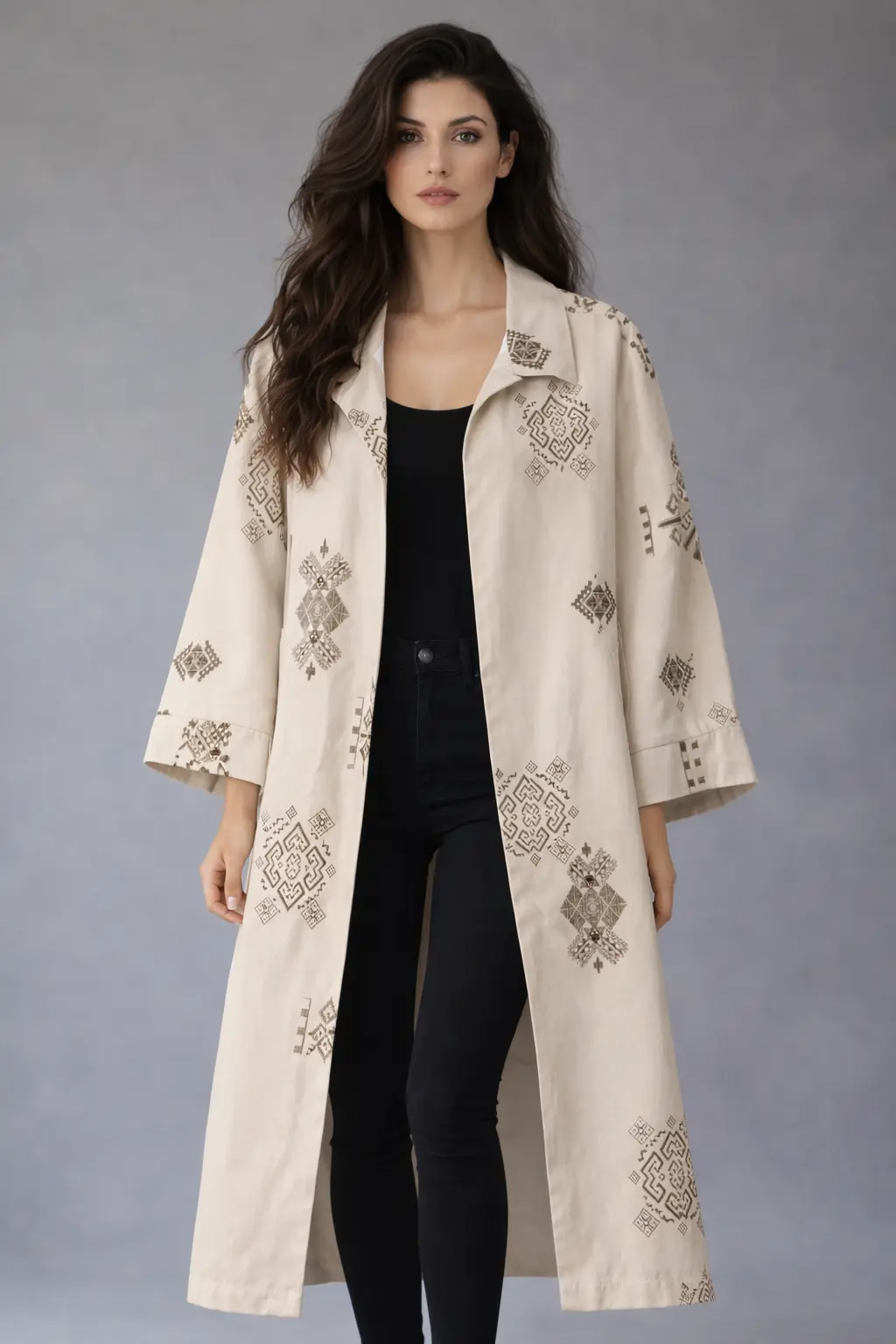 Etnik Desenli Bej Keten Oversize Kimono Ceket 