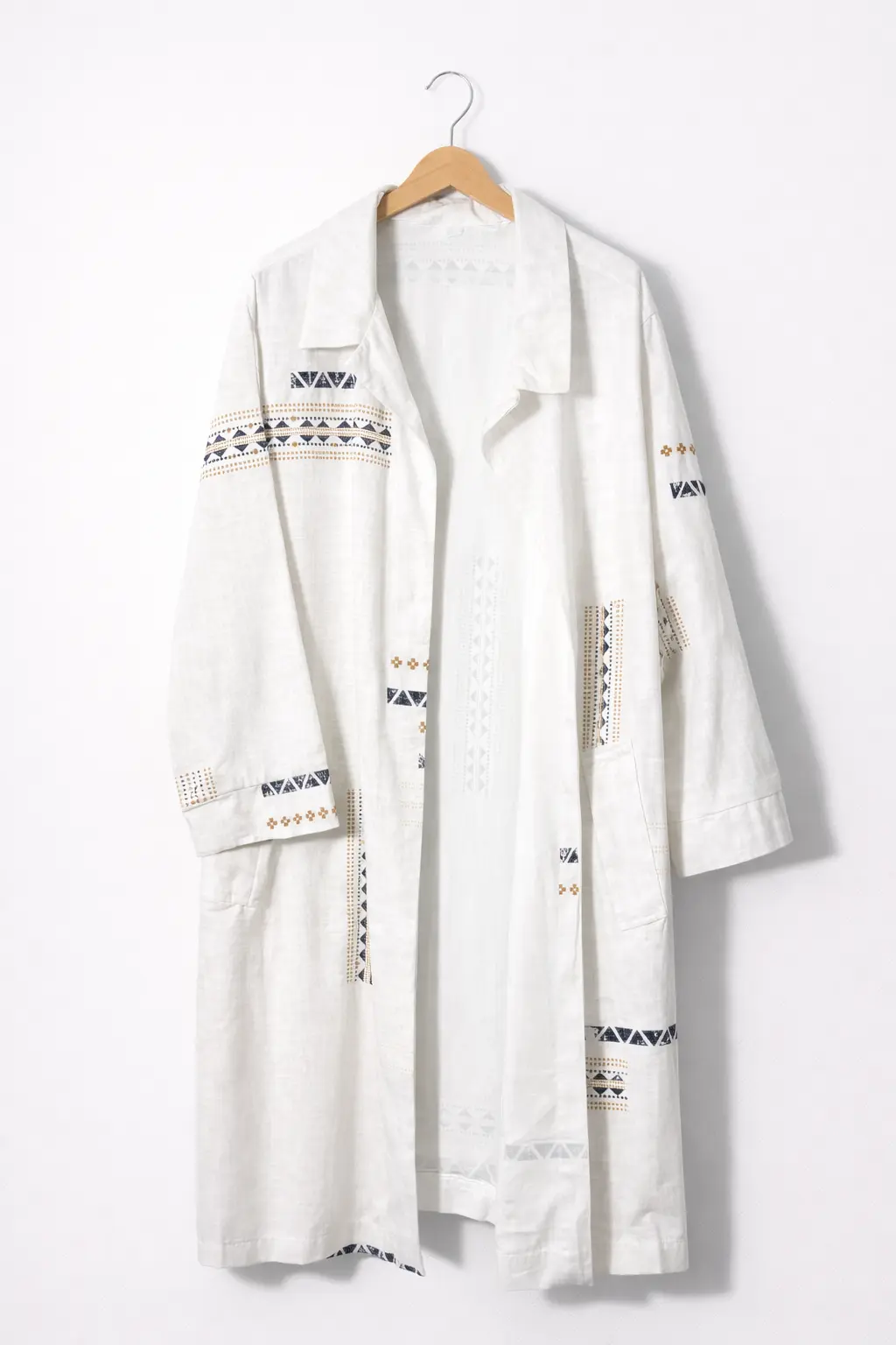 Etnik Şerit Detaylı Beyaz Keten Oversize Kimono Ceket 