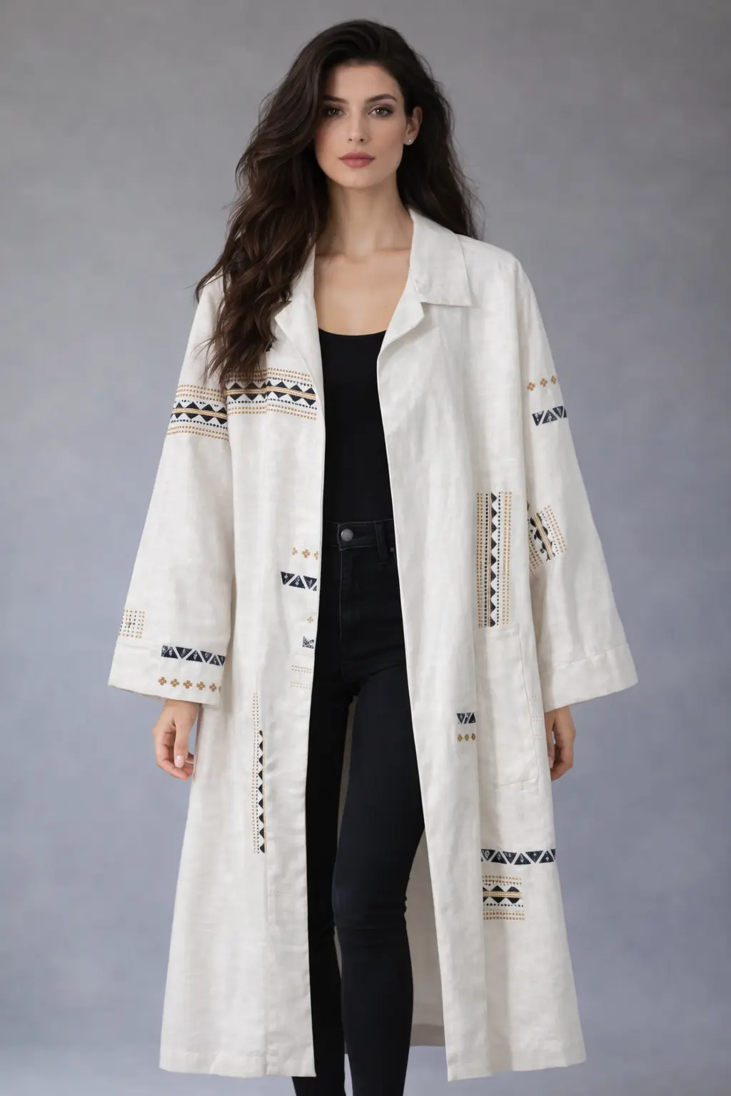 Etnik Şerit Detaylı Beyaz Keten Oversize Kimono Ceket 