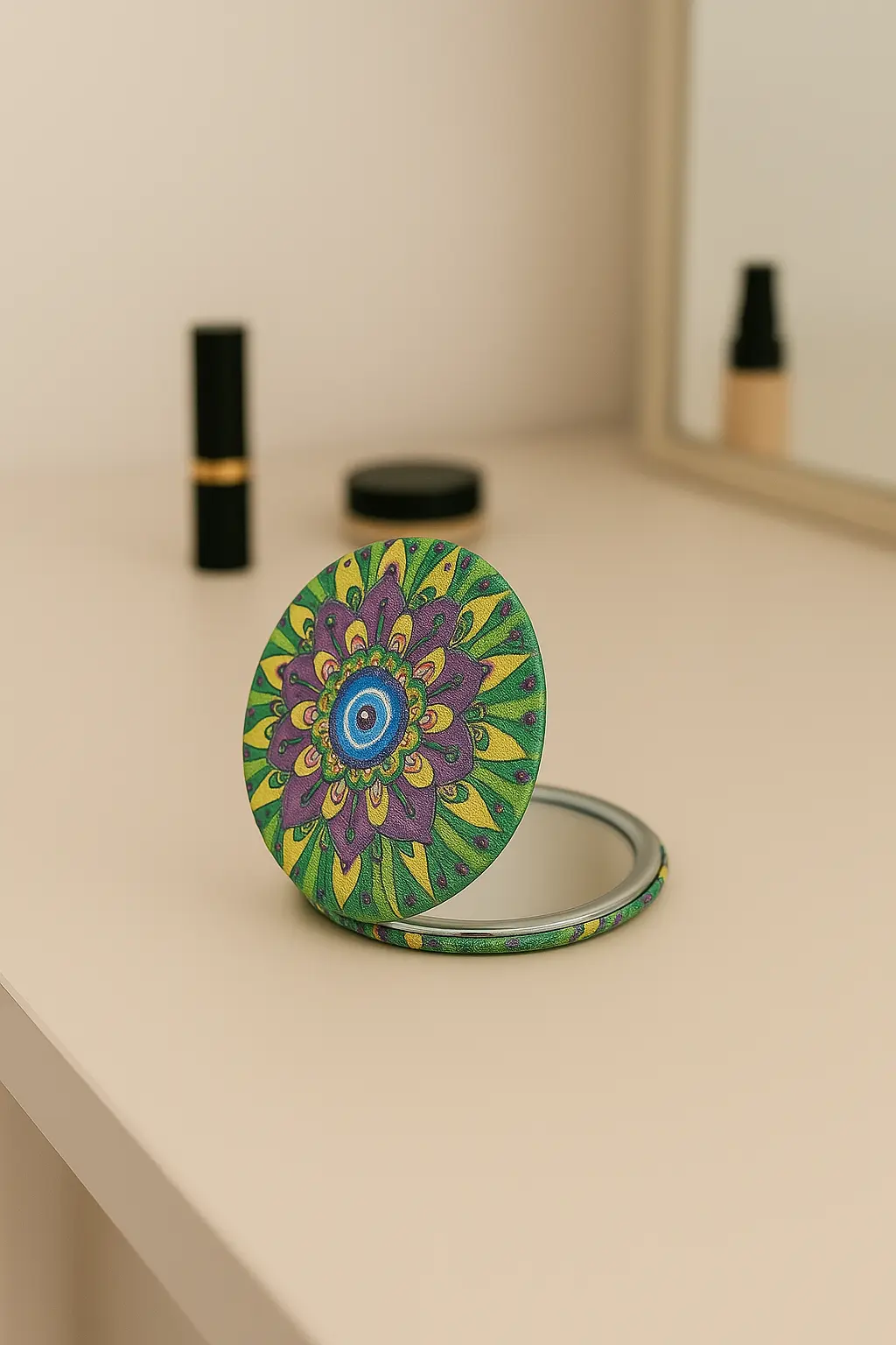 Nazar Boncuklu Yeşil-Sarı El Aynası