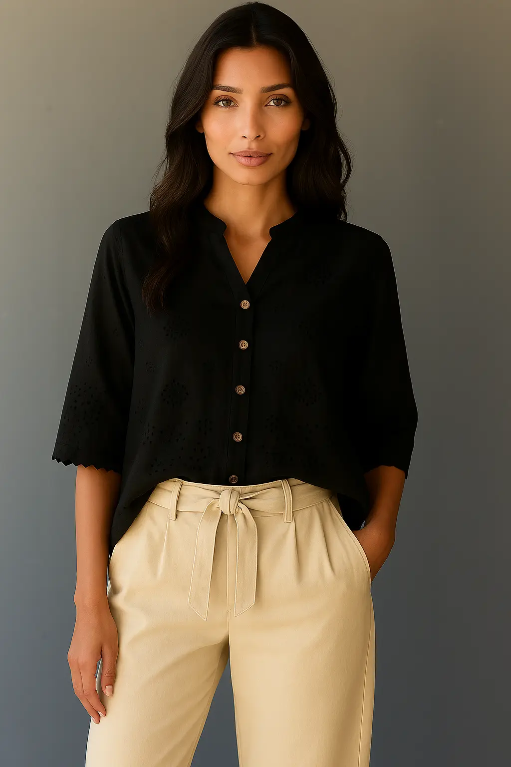 Siyah İtalyan Muslin Kısa Kollu Gömlek