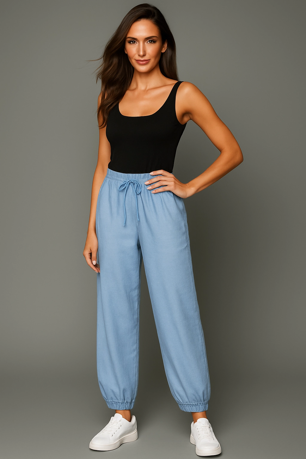 Mavi Lastikli Paça Keten Pantolon