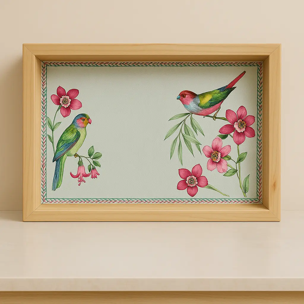 Kuş ve Çiçek Desenli Ahşap Tepsi