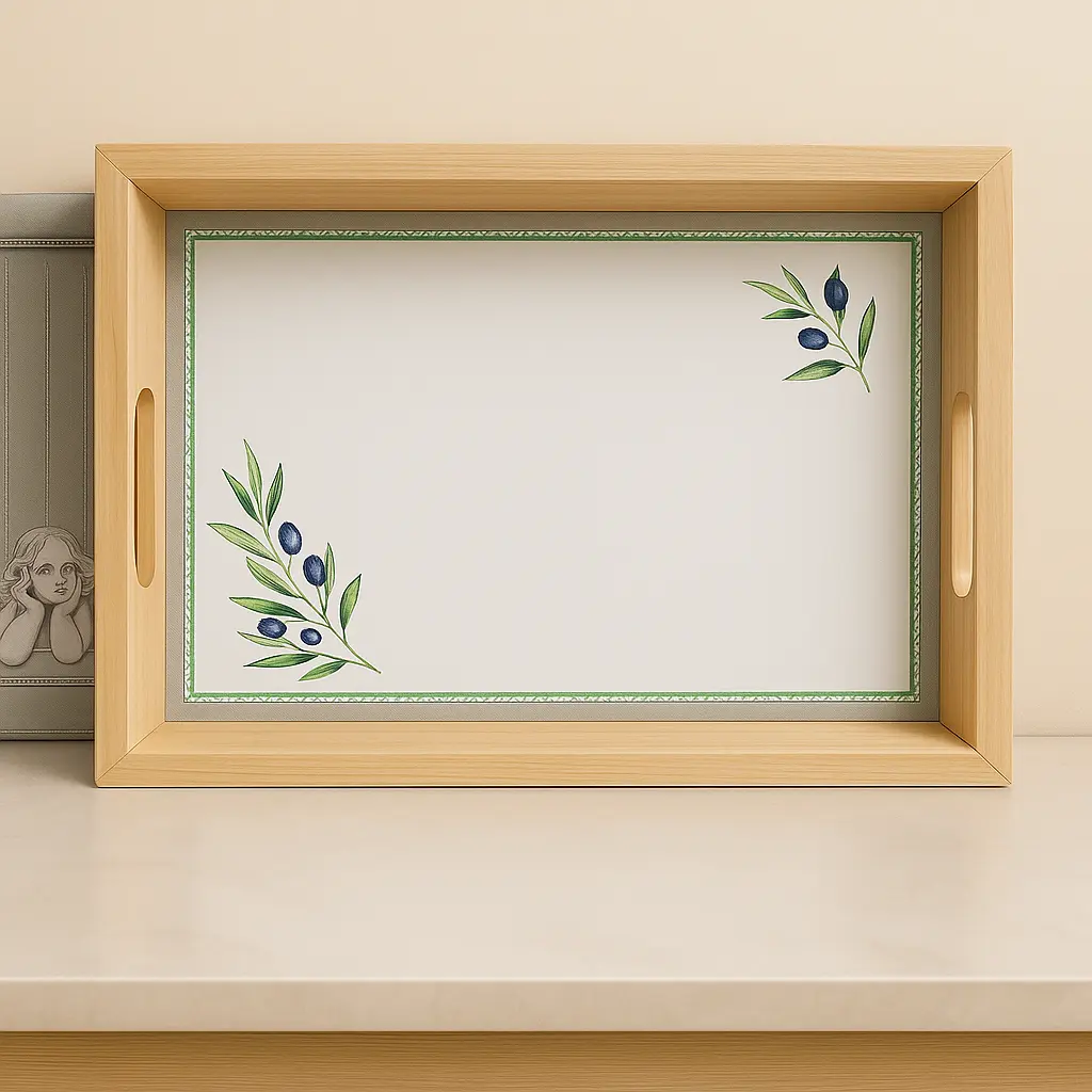 Zeytin Dalı Desenli Ahşap Tepsi