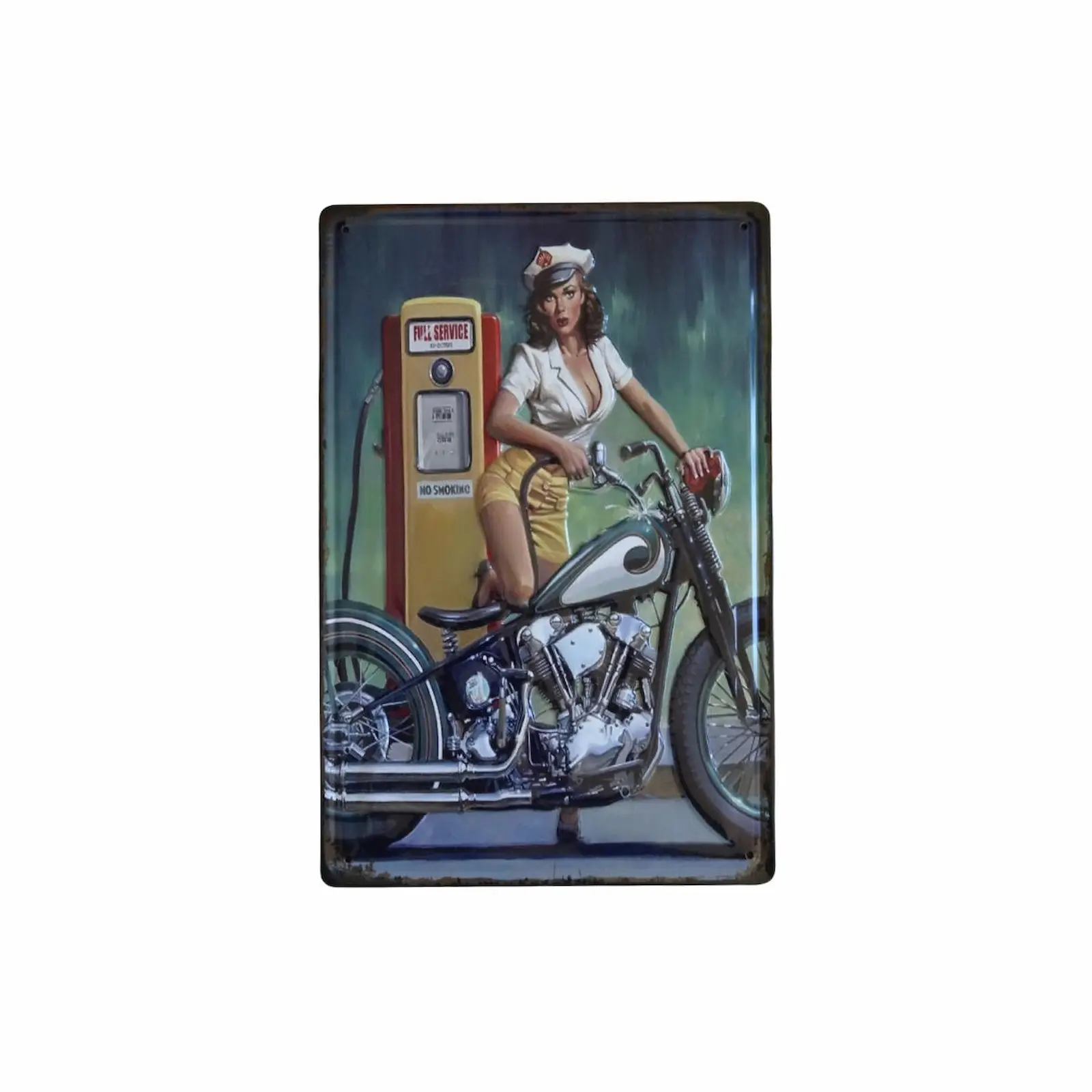 Retro Hemşire ve Motosiklet Temalı Metal Tablo