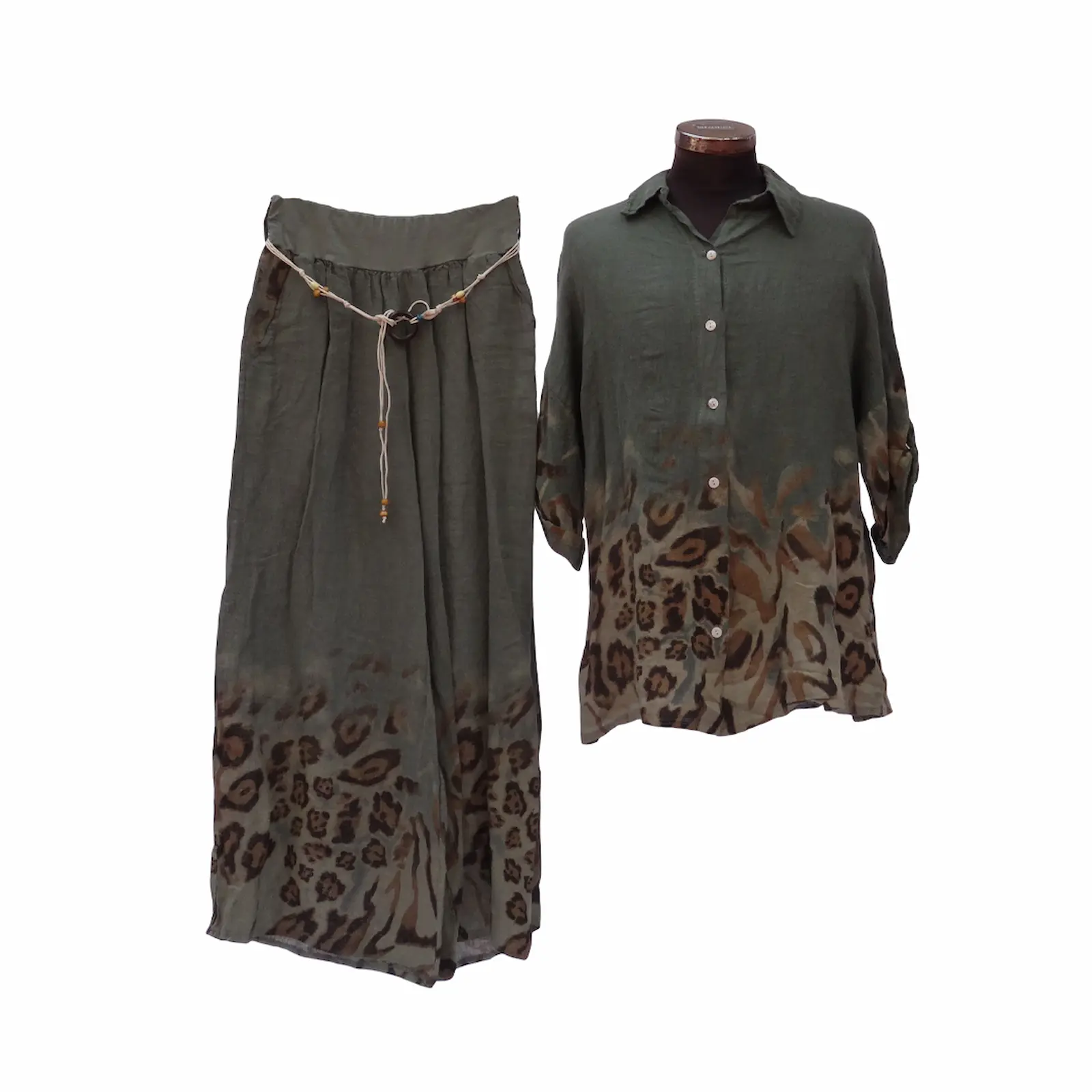 Haki Keten Leopar Desenli Pantolon Bluz Takım