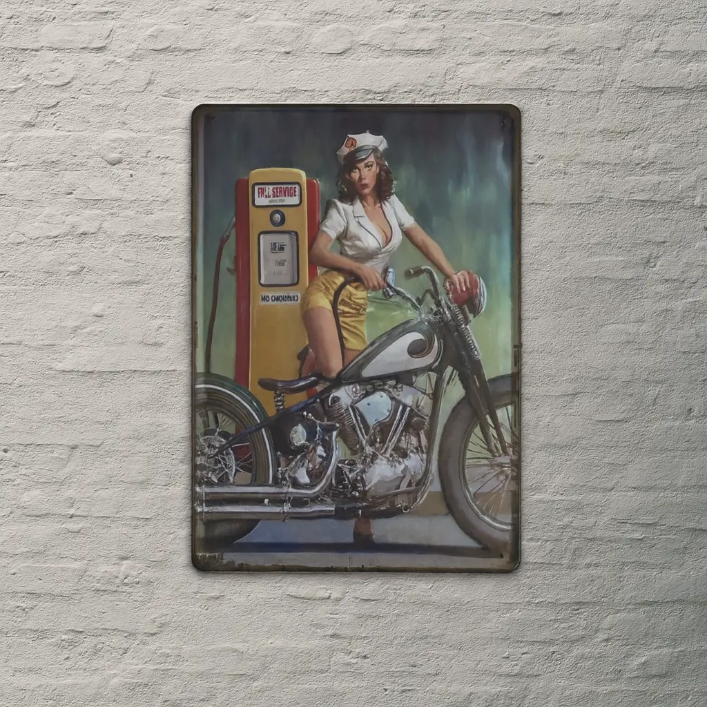Retro Hemşire ve Motosiklet Temalı Metal Tablo