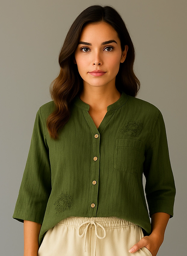Yeşil Müslin Düğmeli Gömlek
