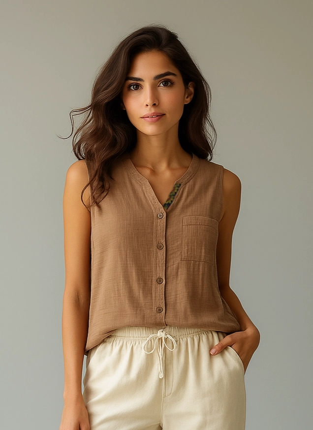 Bej Müslin Kolsuz Düğmeli Bluz