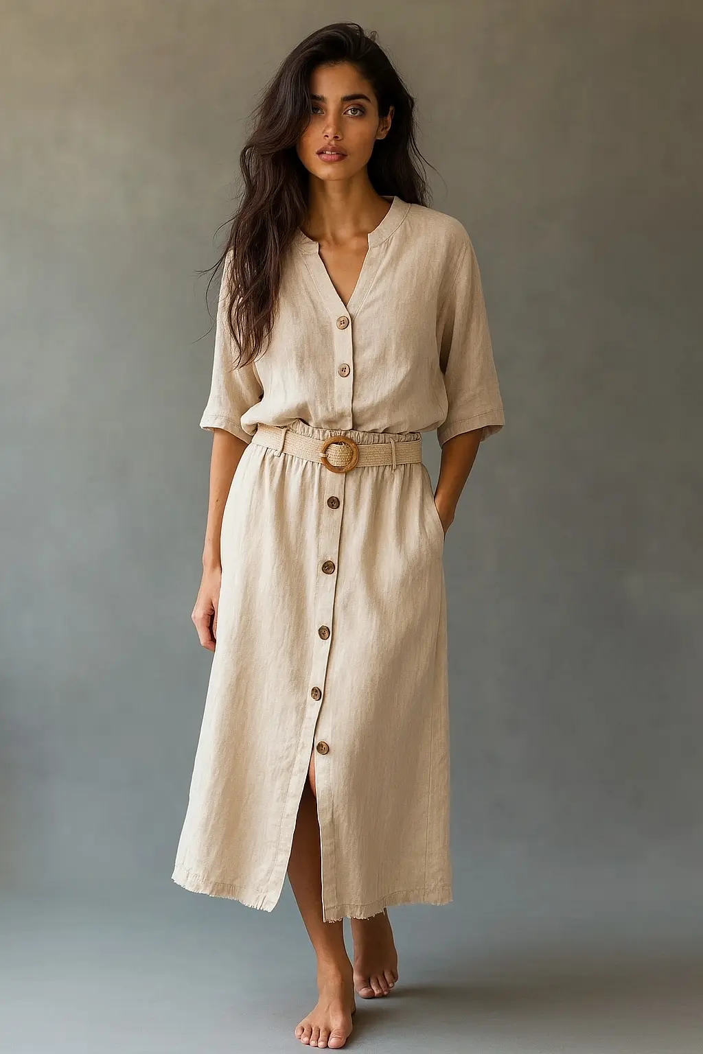 Krem Keten  Etek Bluz Takım 