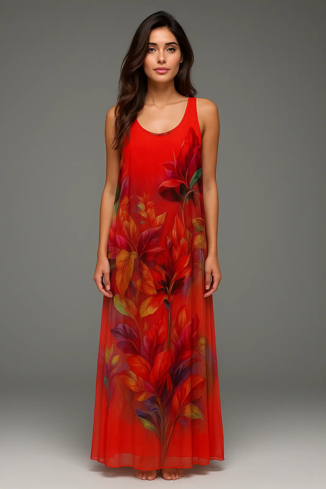 Kırmızı İtalyan İpek Çiçek Desenli Elbise