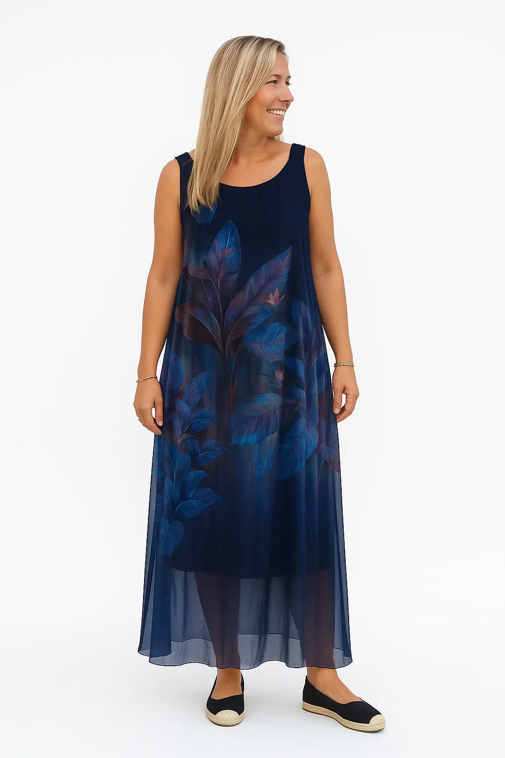 Lacivert İtalyan İpek Çiçek Desenli Elbise