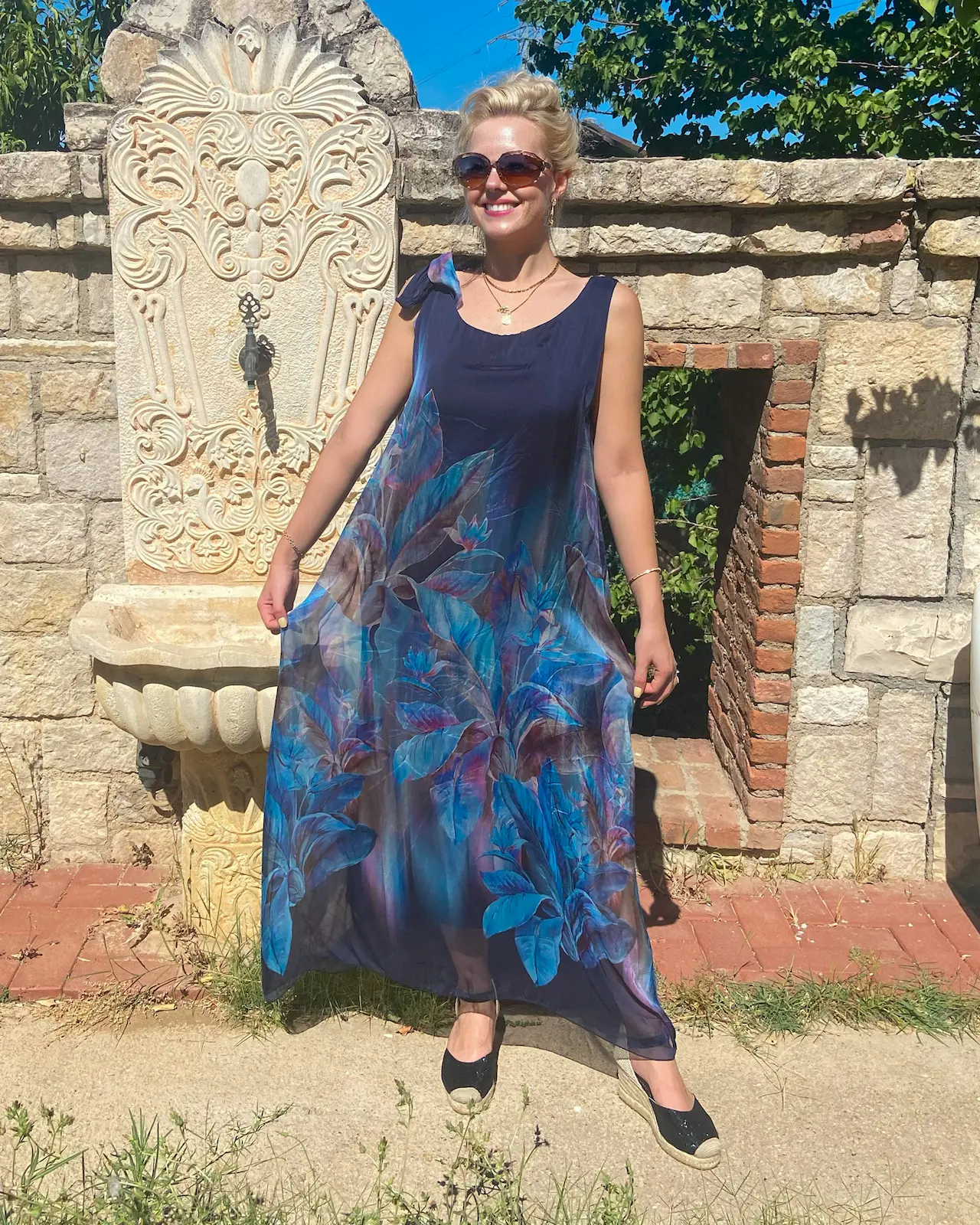 Lacivert İtalyan İpek Çiçek Desenli Elbise