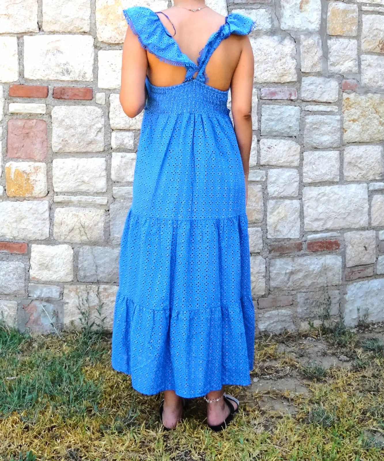 Mavi Dantel Detaylı Askılı Uzun Elbise