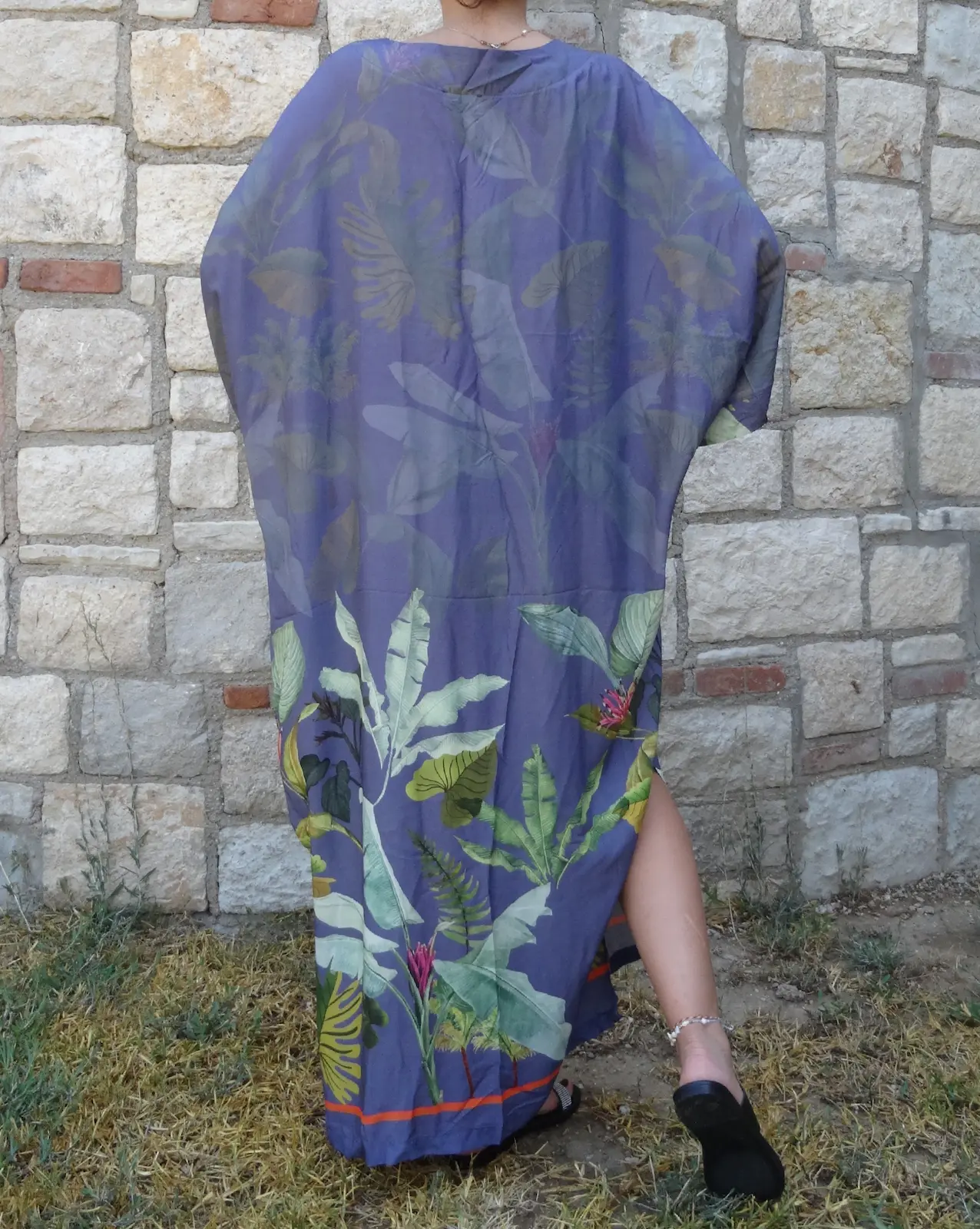 Bol Kesim Mor-Mavi Yaprak Desenli Elbise