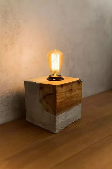 Beton ve Ahşap Tabanlı Endüstriyel Masa Lambası | Metta’s Shop
