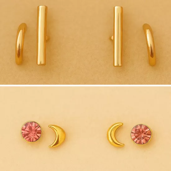 4’lü Altın Küpe Seti | Ay ve Taş Detaylı Minimal Takı Seti