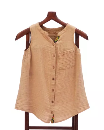 Kadın Ekru İtalyan Muslin Nakış Detaylı Kısa Kollu Gömlek