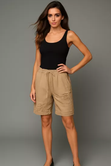 Bej Keten Şort Yazlık Rahat Kadın Şort Modeli