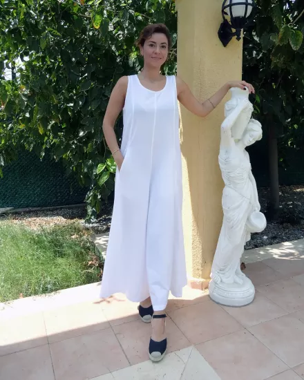 Kadın Beyaz Fermuar Detaylı Uzun Tulum