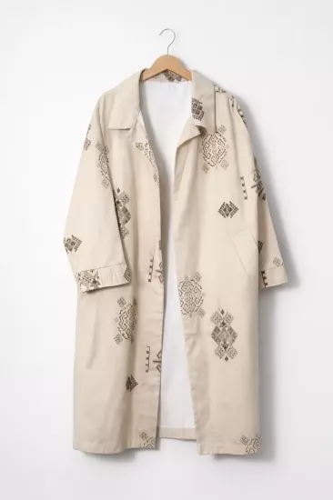 Etnik Desenli Bej Keten Kimono Ceket | Rahat Oversize Kesim