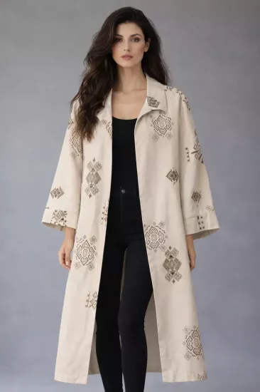 Etnik Desenli Bej Keten Kimono Ceket | Rahat Oversize Kesim