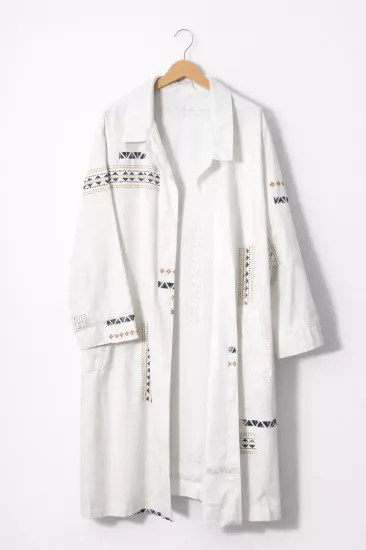 Etnik Şerit Detaylı Beyaz Keten Kimono Ceket | Doğal & Hafif Stil