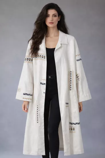 Etnik Şerit Detaylı Beyaz Keten Kimono Ceket | Doğal & Hafif Stil