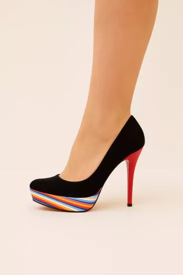 Kadın Siyah Süet Renkli Platform Topuklu Ayakkabı – Şık Tasarım