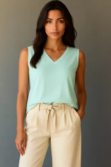 Mint Yeşili V Yaka Kısa Kollu Bluz