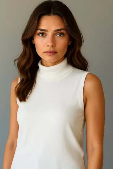 Yüksek Yaka Kolsuz Ekru Triko Bluz | Metta’s Shop®