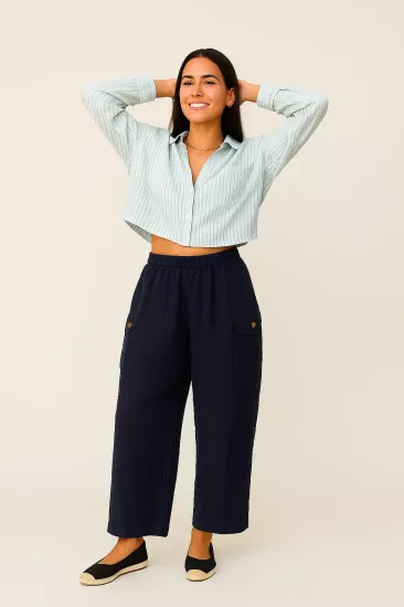 İtalyan Lacivert Düğmeli Keten Pantolon