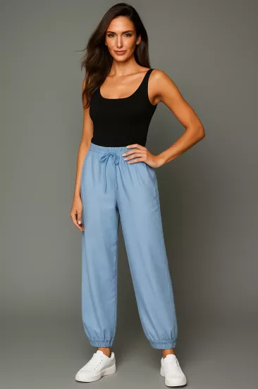 Mavi Lastikli Paça Keten Pantolon