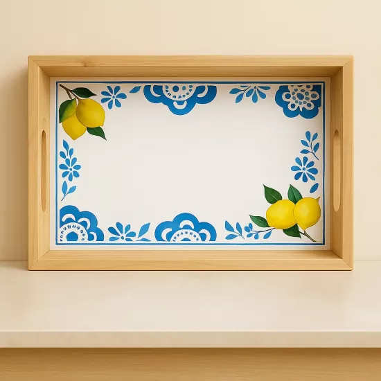 Limonlu Ahşap Tepsi Mavi Beyaz Akdeniz Desenli Servis Tepsisi