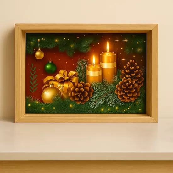 Noel Temalı Ahşap Tepsi | Altın Mumlu El Yapımı Dekoratif Tepsi