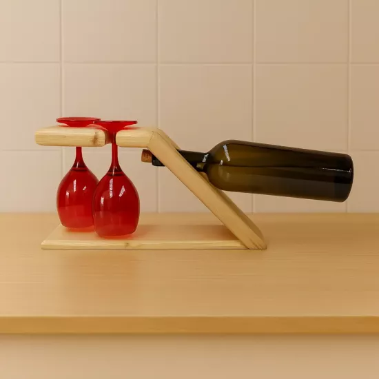 Şarap Şişesi ve Kadeh Standı Doğal Ahşap Dekoratif Tutucu