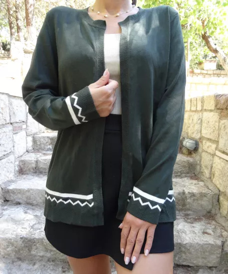 Zikzak Detaylı Koyu Yeşil Kadın Hırka | Metta’s Shop